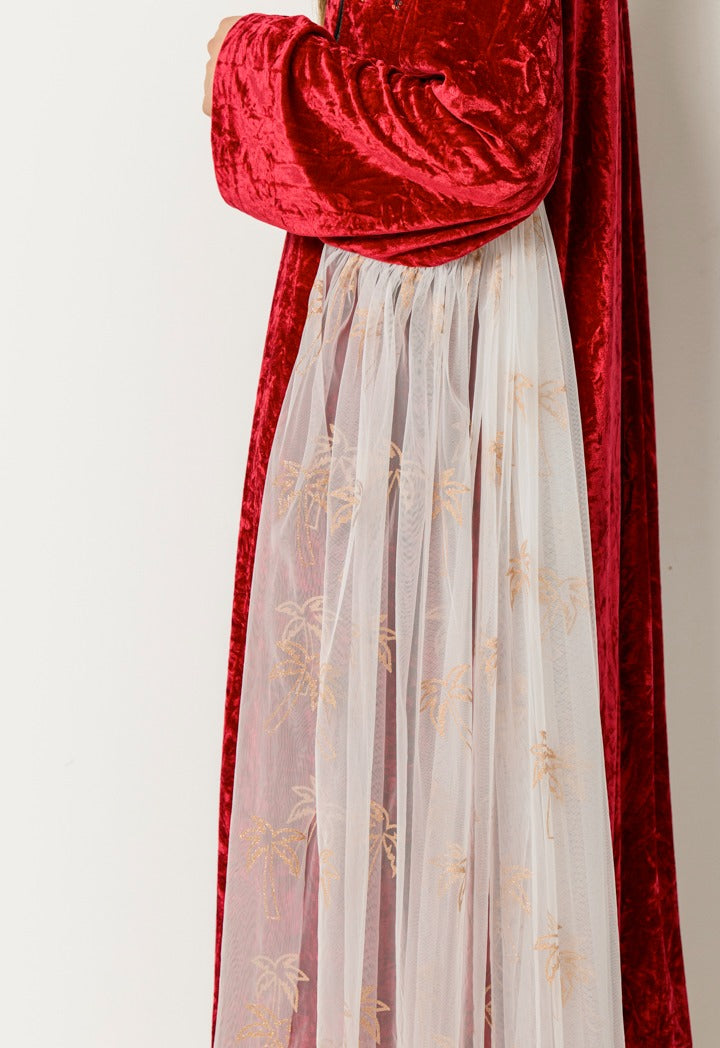 Crinkled Velvet Sequin Details Dress Burgundy