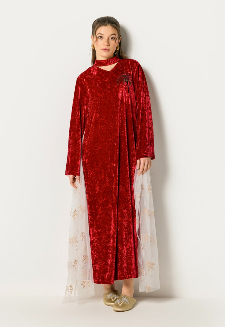 Crinkled Velvet Sequin Details Dress Burgundy