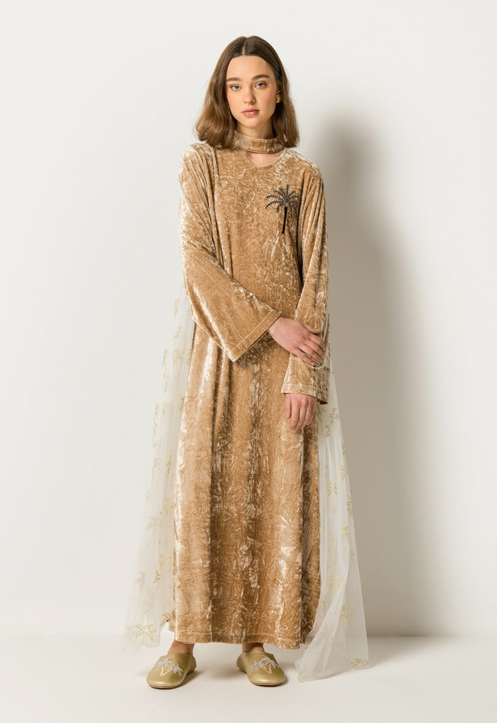 Crinkled Velvet Sequin Details Dress Beige
