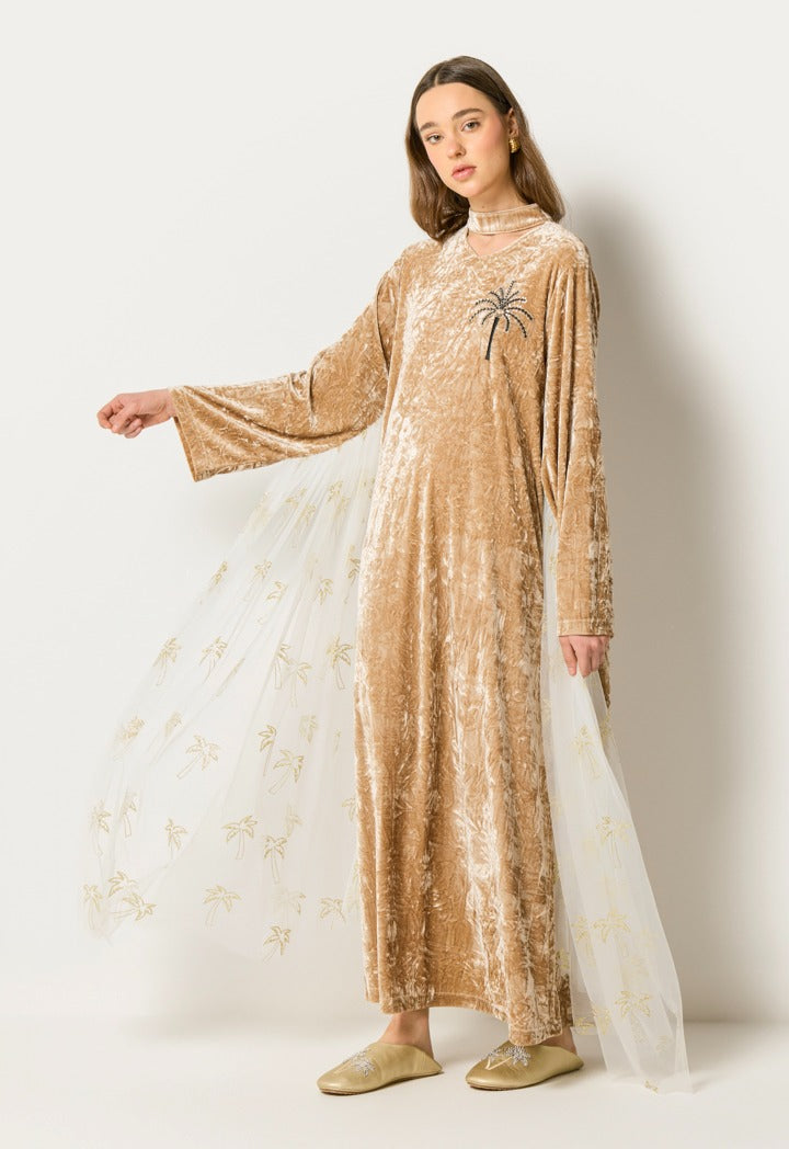 Crinkled Velvet Sequin Details Dress Beige