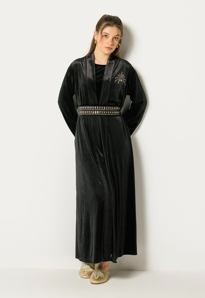 Velvet Palm Embellished Kaftan Set (2Pcs) Black