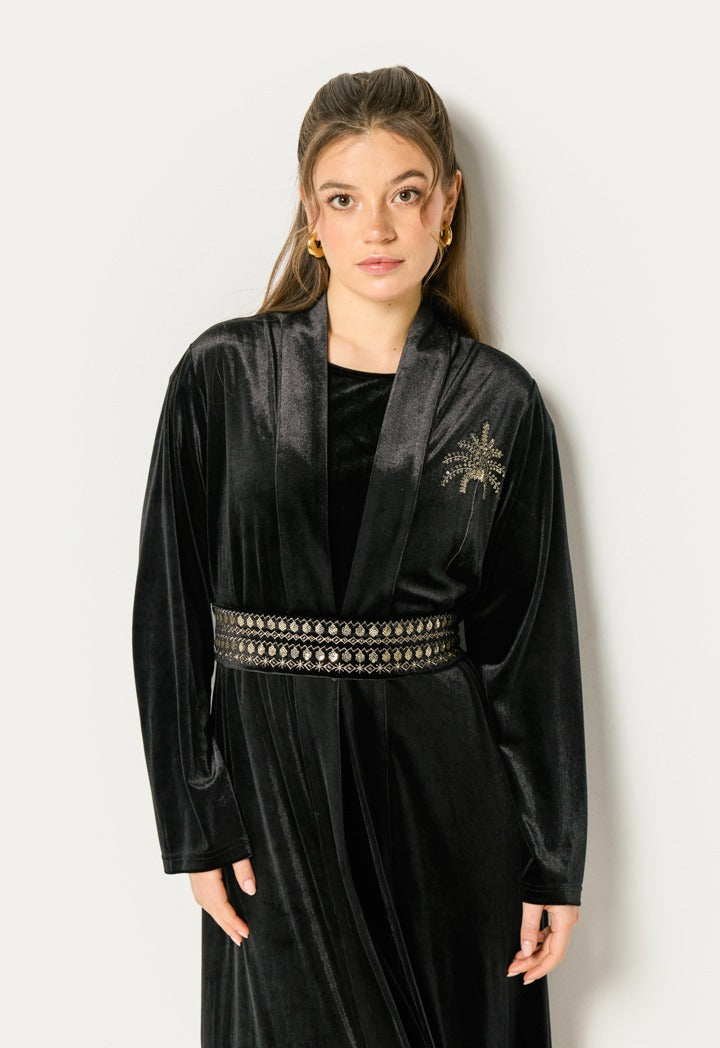Velvet Palm Embellished Kaftan Set (2Pcs) Black