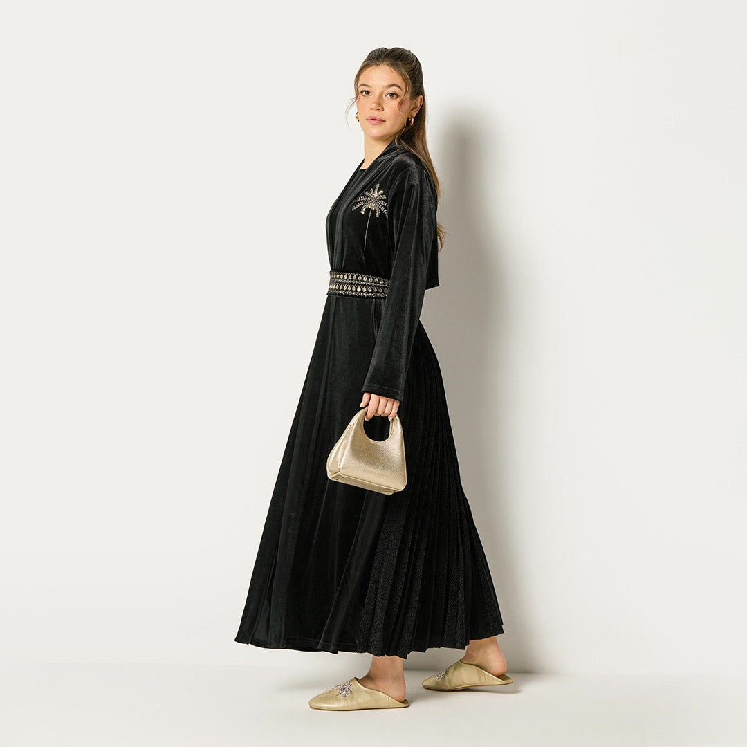 Velvet Palm Embellished Kaftan Set (2Pcs) Black
