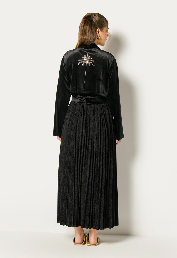 Velvet Palm Embellished Kaftan Set (2Pcs) Black