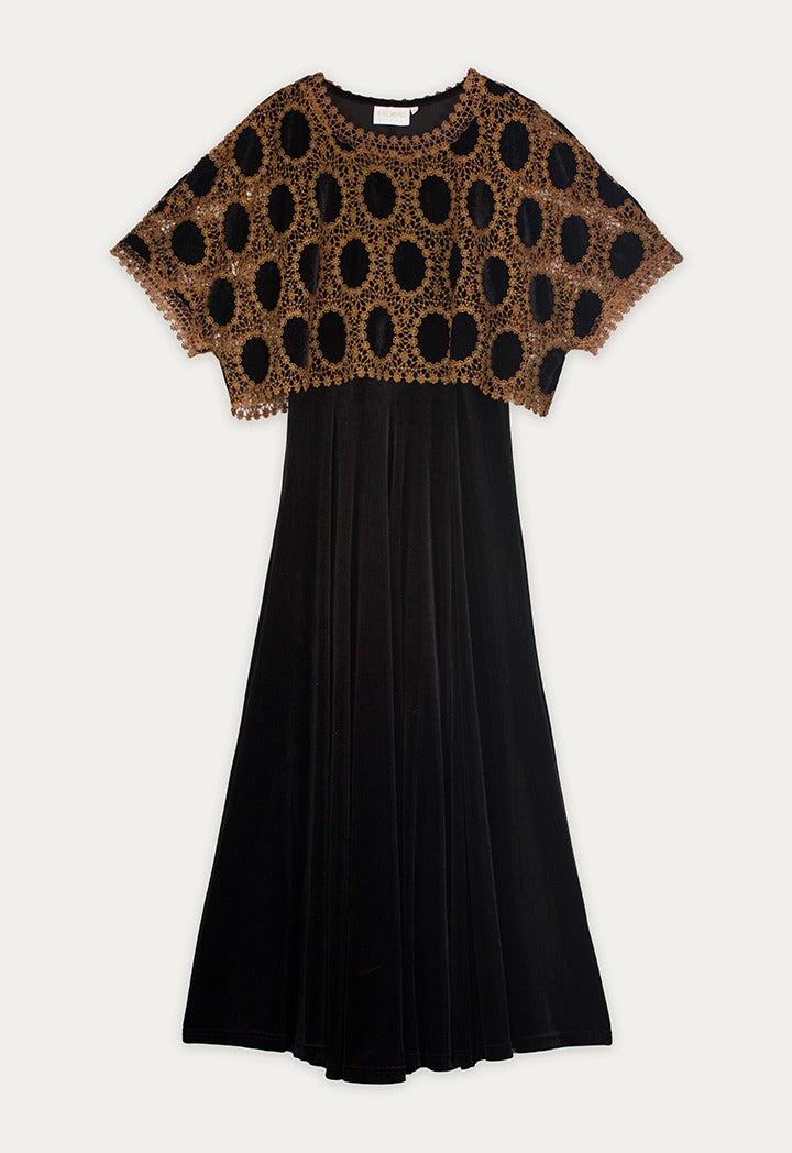 Velvet Dress With Lace Cape (2Pcs) Black