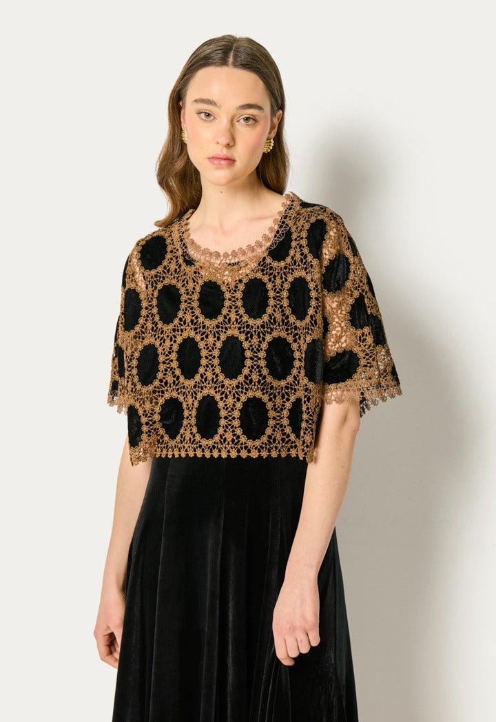 Velvet Dress With Lace Cape (2Pcs) Black