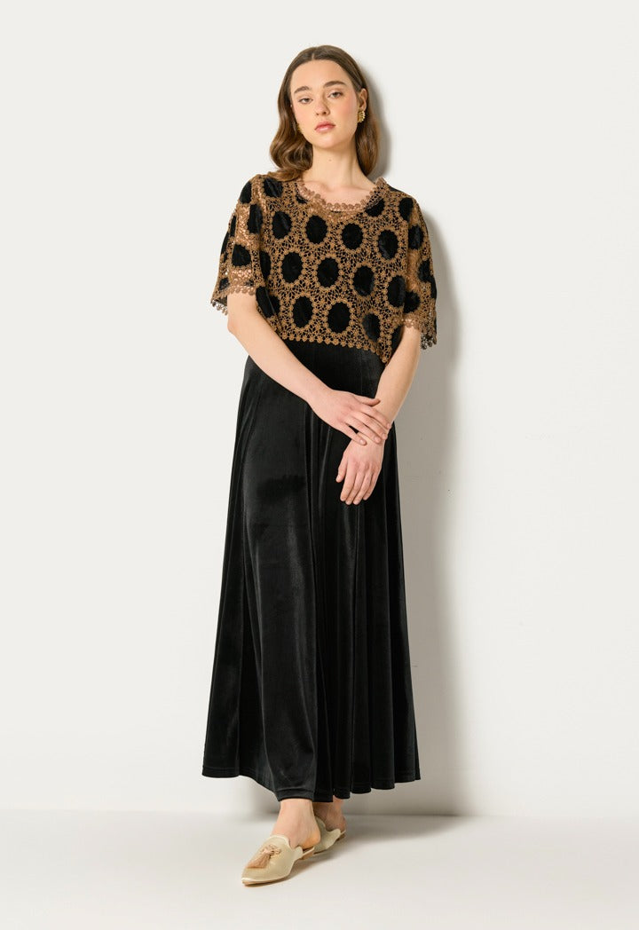 Velvet Dress With Lace Cape (2Pcs) Black