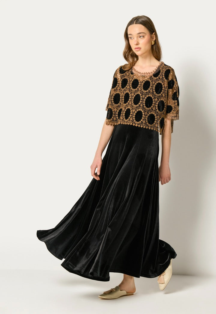 Velvet Dress With Lace Cape (2Pcs) Black