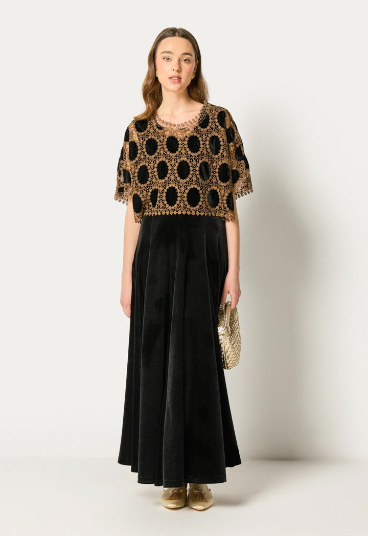 Velvet Dress With Lace Cape (2Pcs) Black