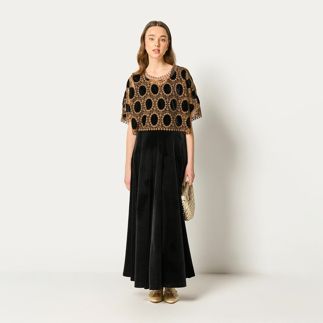 Velvet Dress With Lace Cape (2Pcs) Black