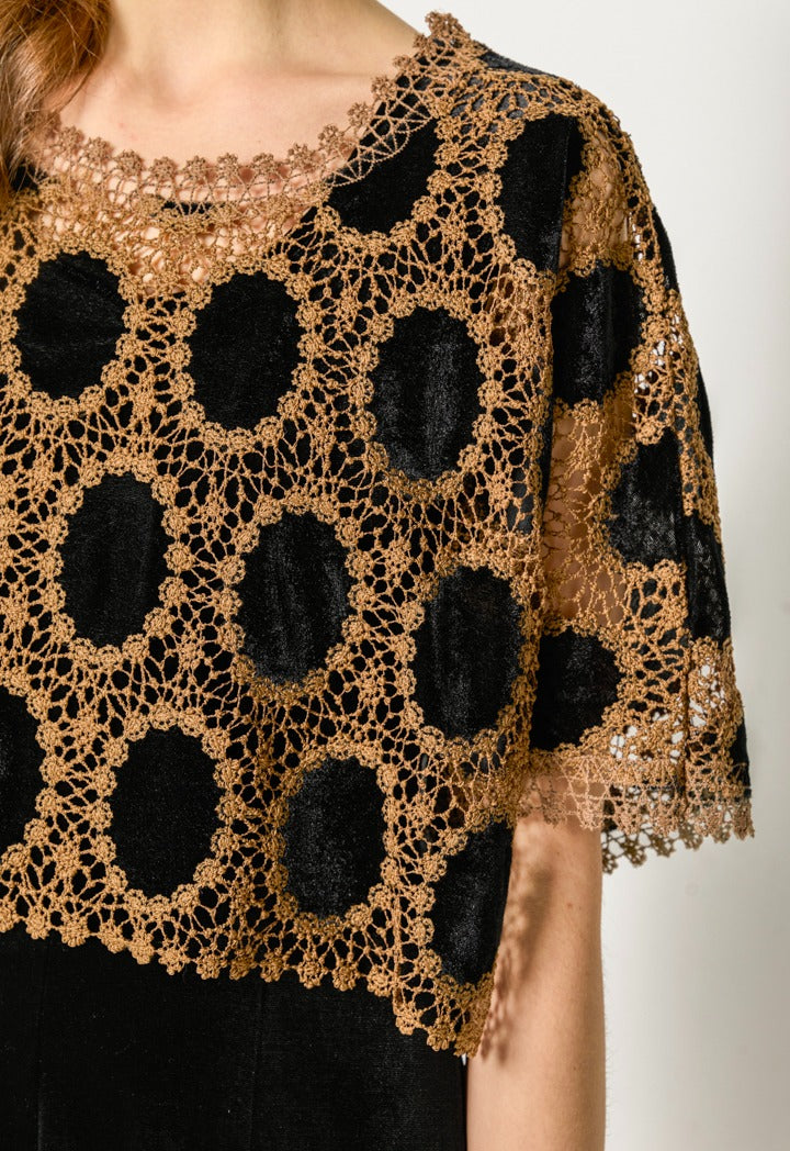 Velvet Dress With Lace Cape (2Pcs) Black