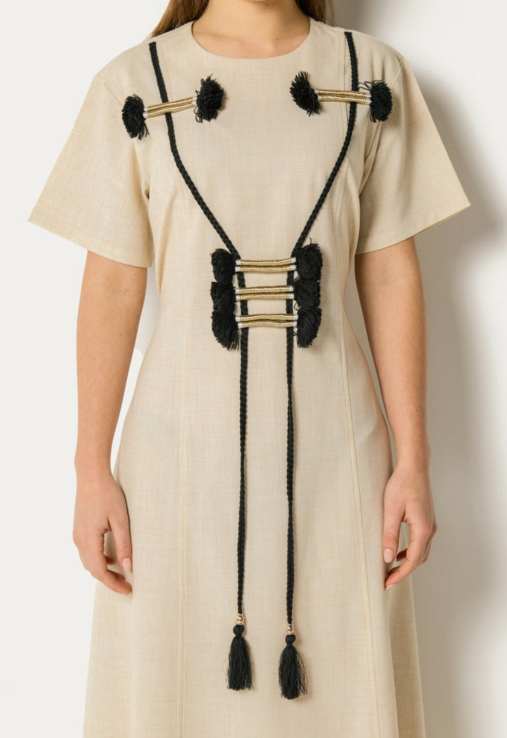 Lurex Tassel Dress And Cape Set (2Pcs) Beige