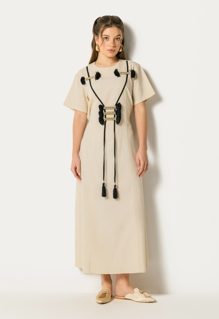 Lurex Tassel Dress And Cape Set (2Pcs) Beige