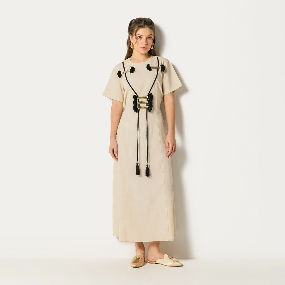 Lurex Tassel Dress And Cape Set (2Pcs) Beige