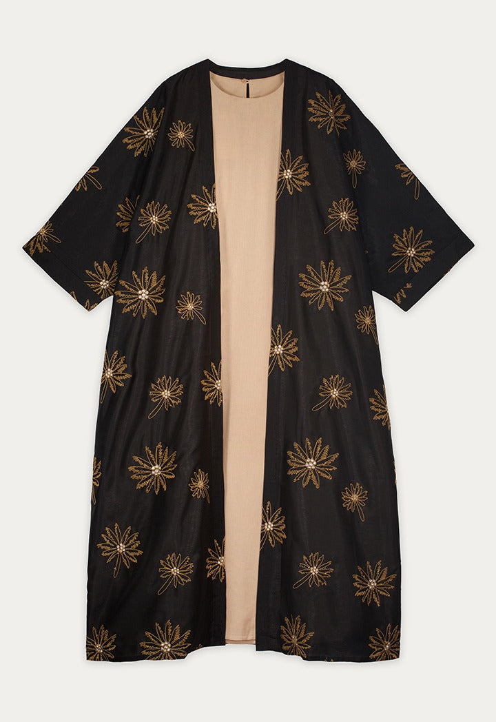 Two Tone Embroidered Abaya Set (2Pcs) Black
