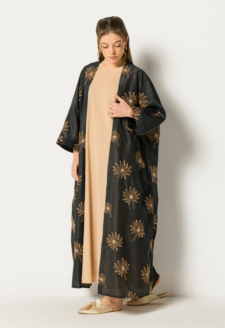 Two Tone Embroidered Abaya Set (2Pcs) Black