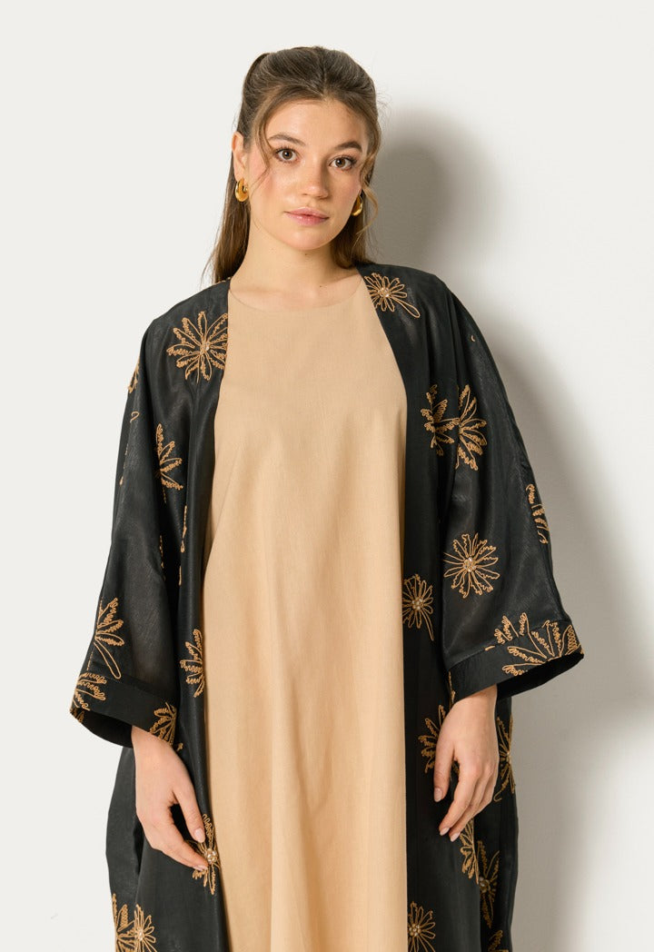 Two Tone Embroidered Abaya Set (2Pcs) Black