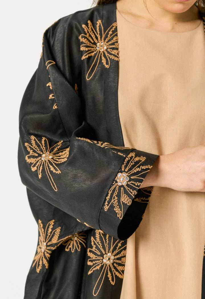 Two Tone Embroidered Abaya Set (2Pcs) Black