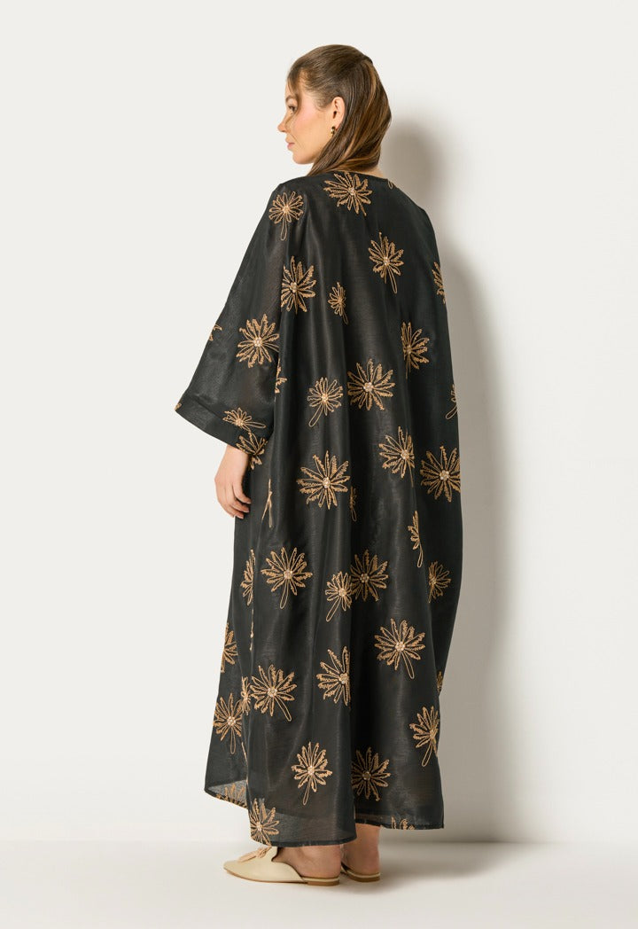 Two Tone Embroidered Abaya Set (2Pcs) Black