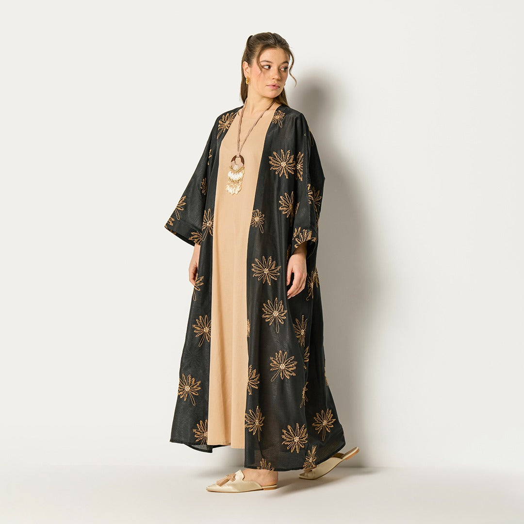 Two Tone Embroidered Abaya Set (2Pcs) Black