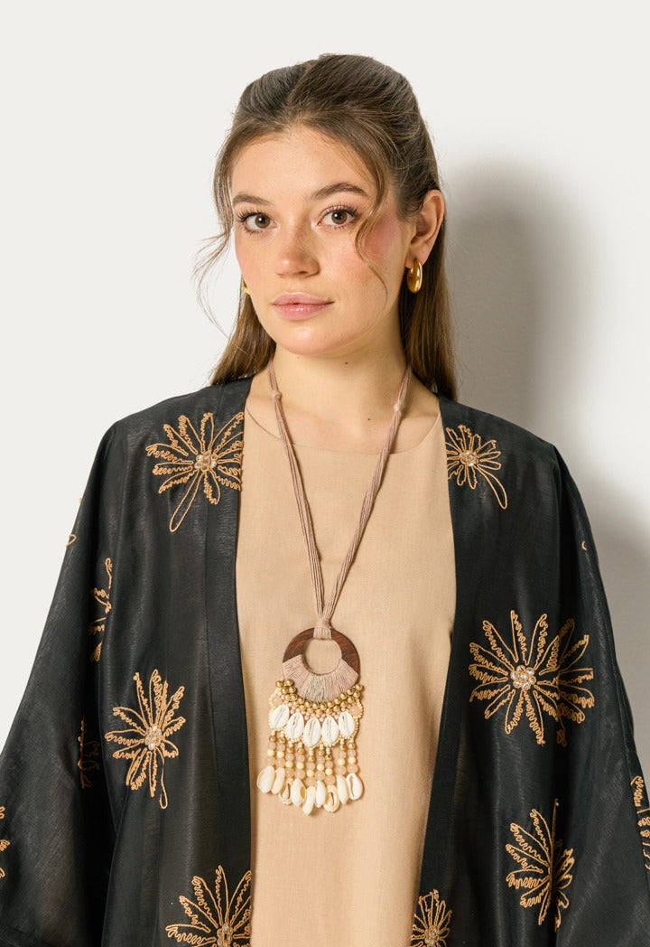 Two Tone Embroidered Abaya Set (2Pcs) Black