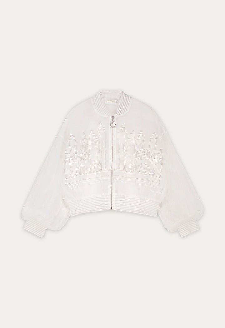 Embroidered Organza Bomber Jacket Off White