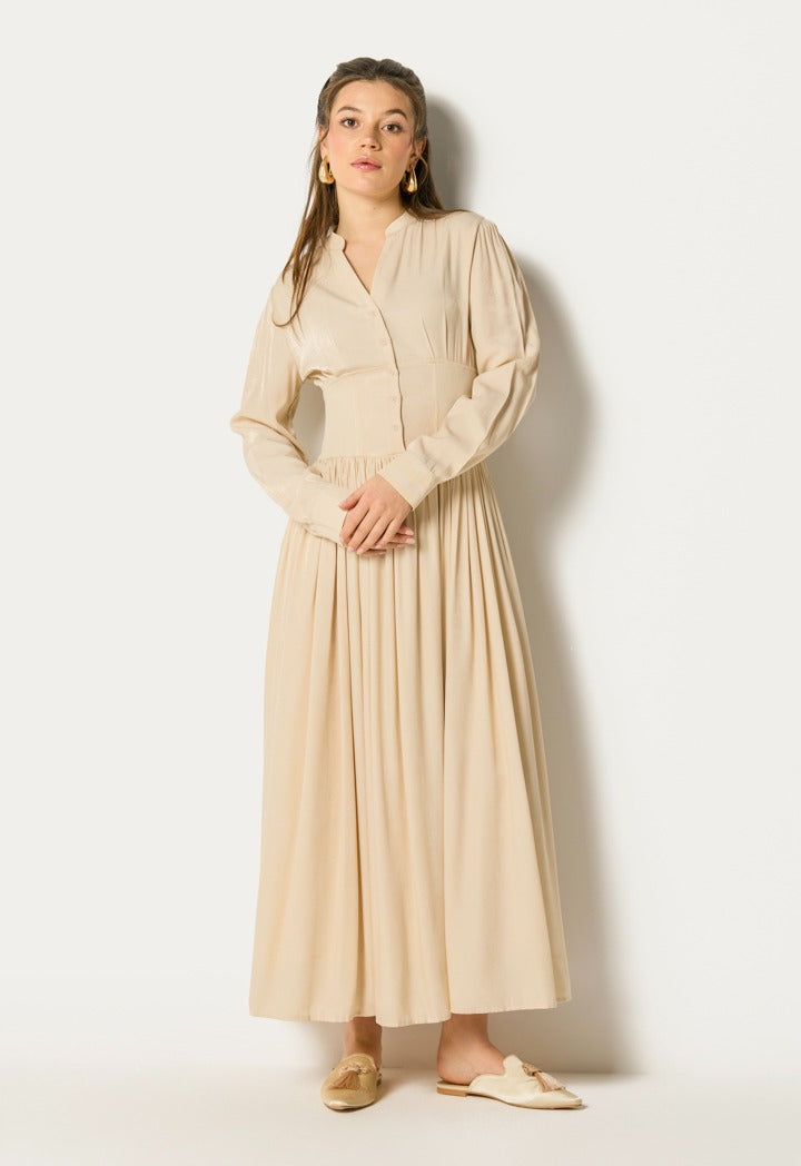Wide Gathered Waist Pleated Dress Beige