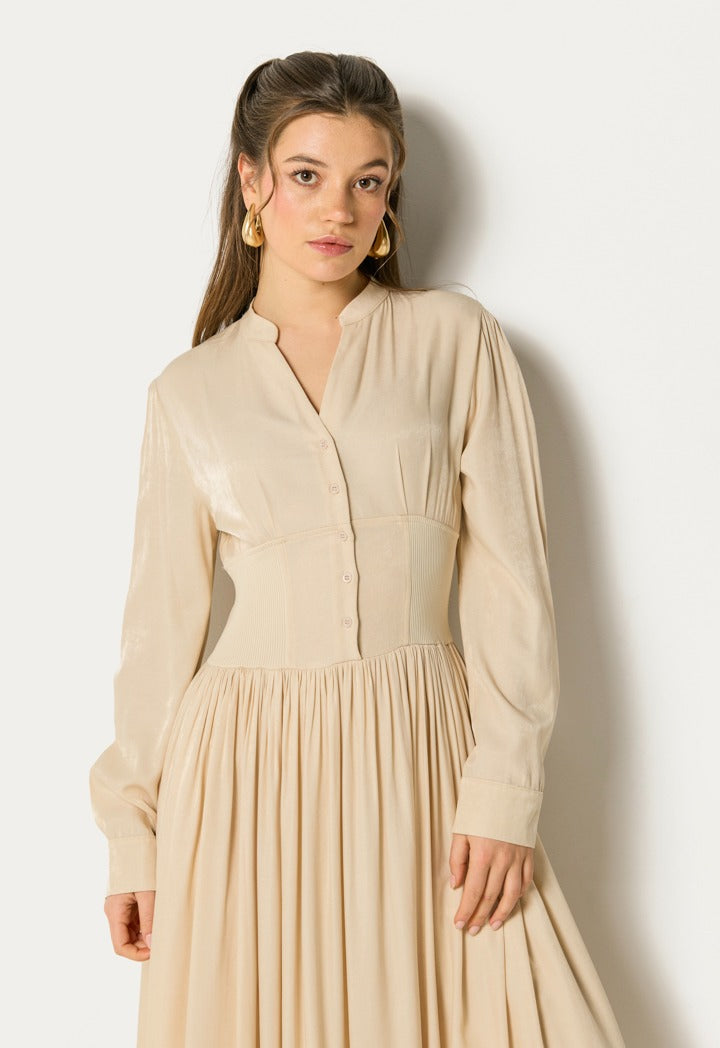 Wide Gathered Waist Pleated Dress Beige
