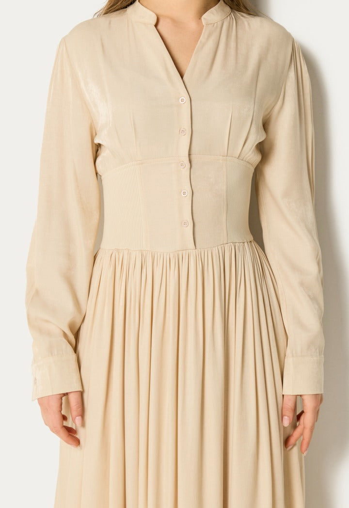 Wide Gathered Waist Pleated Dress Beige