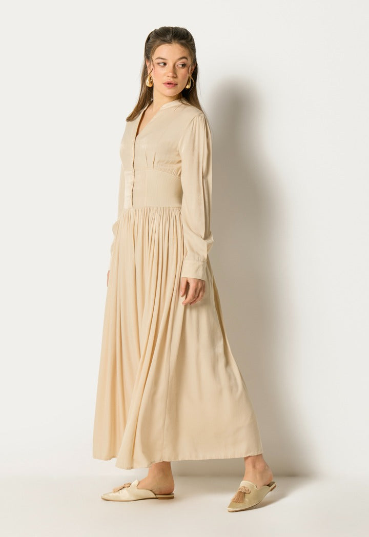 Wide Gathered Waist Pleated Dress Beige