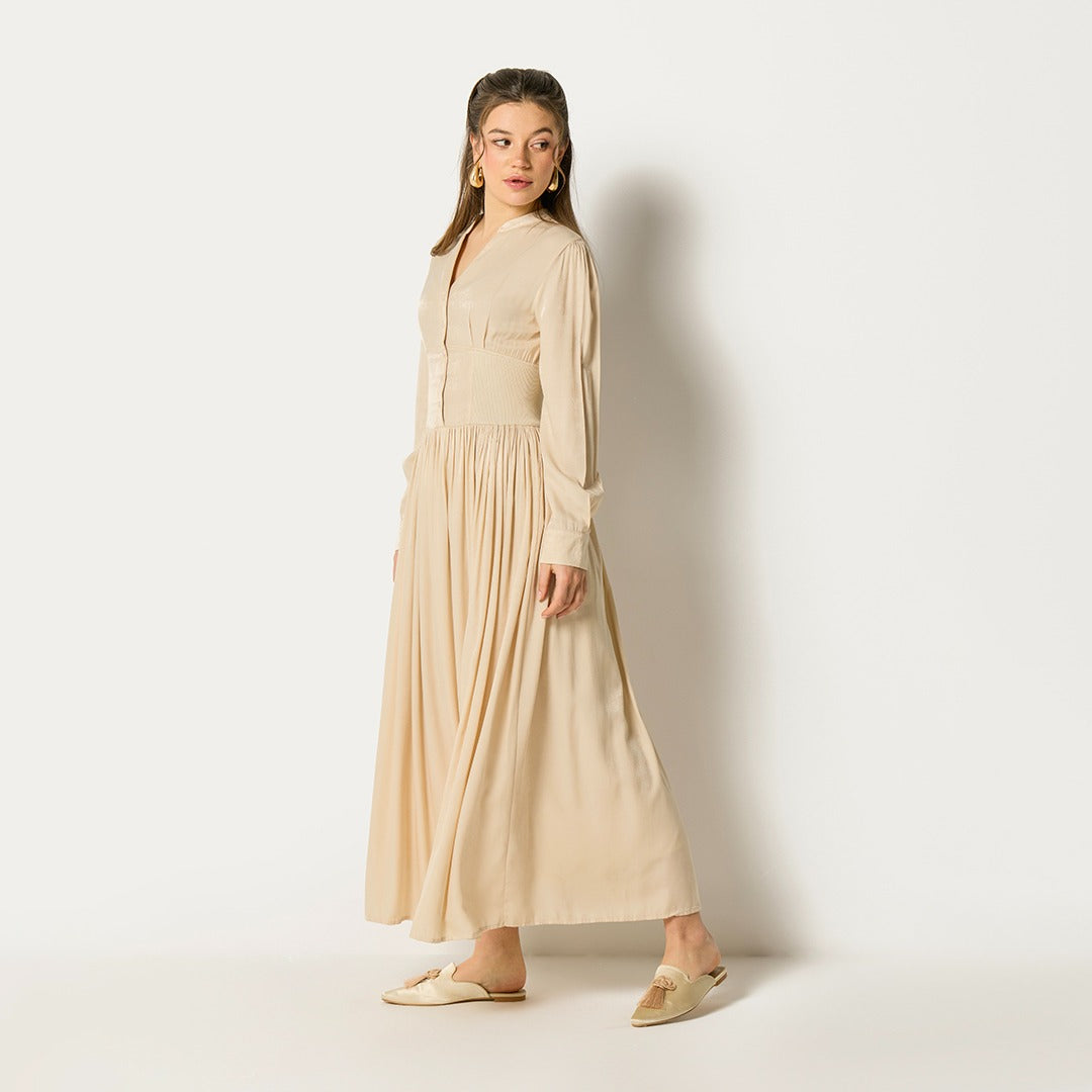 Wide Gathered Waist Pleated Dress Beige