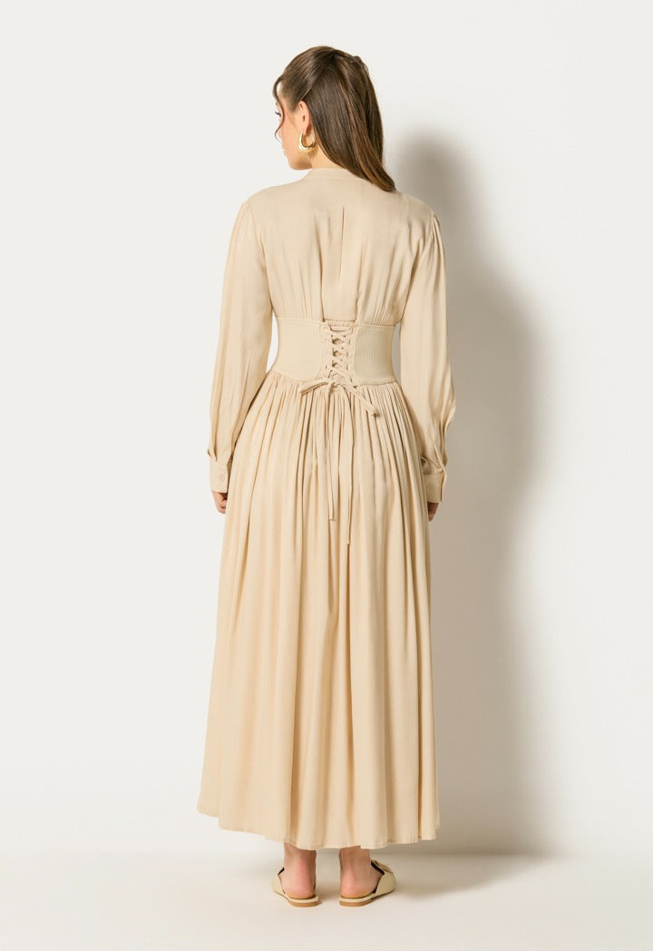 Wide Gathered Waist Pleated Dress Beige