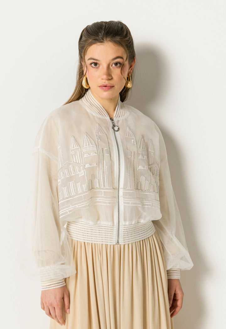 Embroidered Organza Bomber Jacket Off White