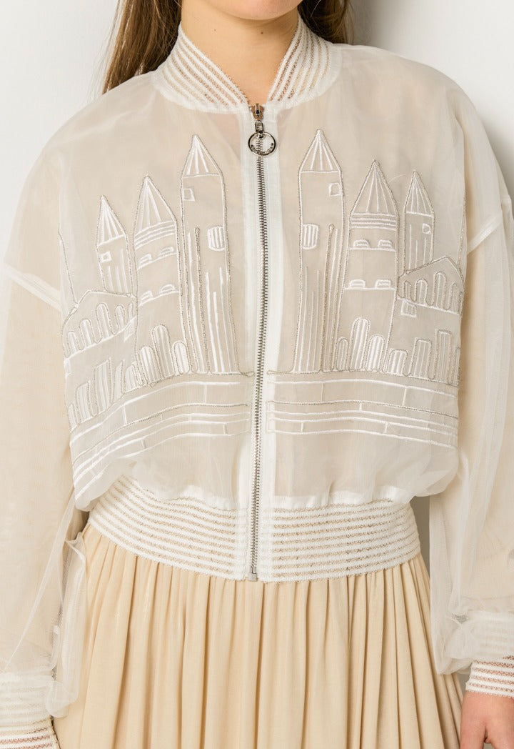Embroidered Organza Bomber Jacket Off White
