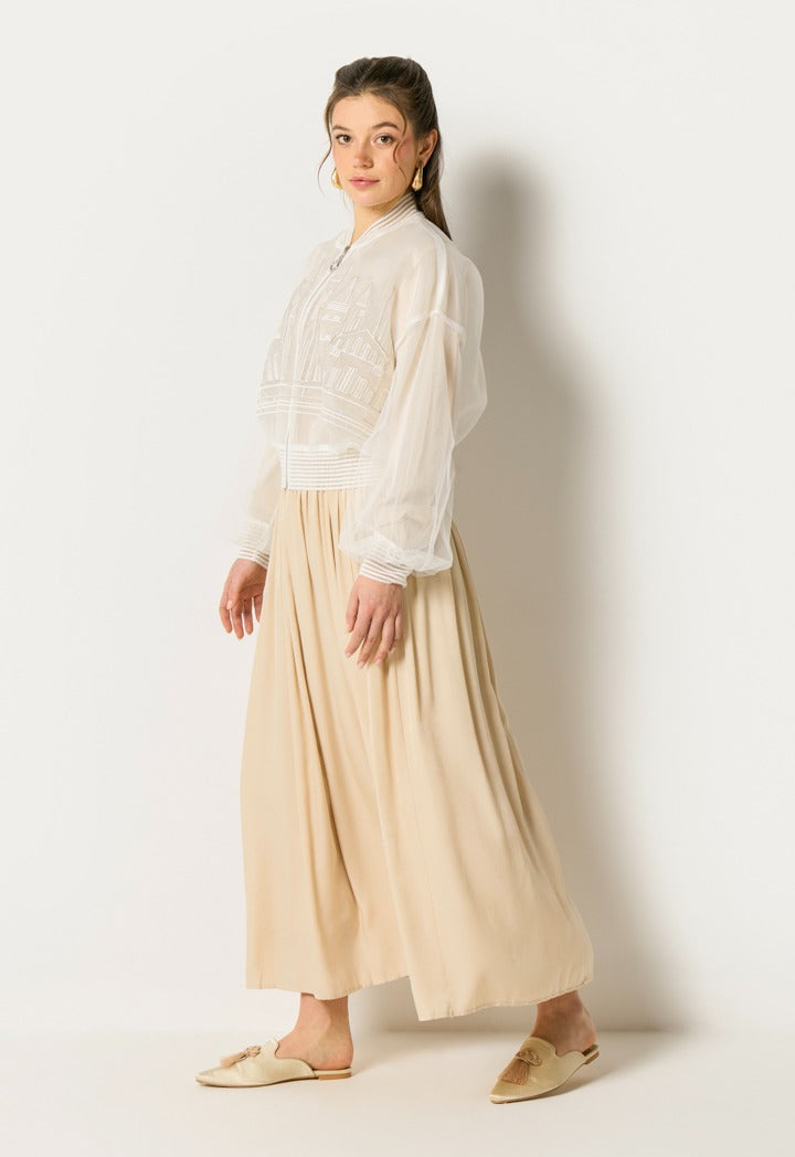 Wide Gathered Waist Pleated Dress Beige
