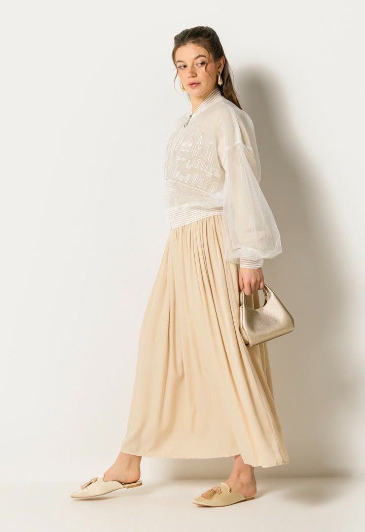Wide Gathered Waist Pleated Dress Beige