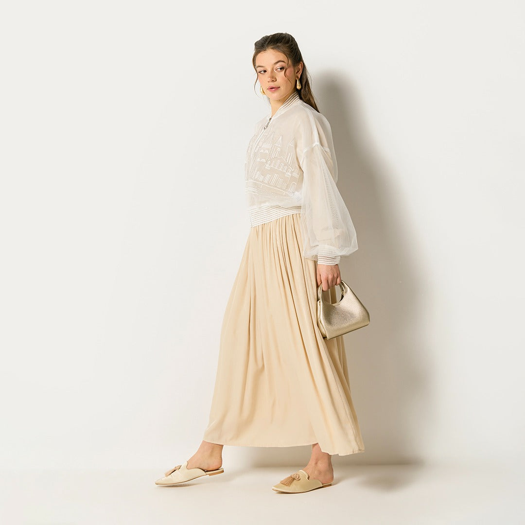 Wide Gathered Waist Pleated Dress Beige