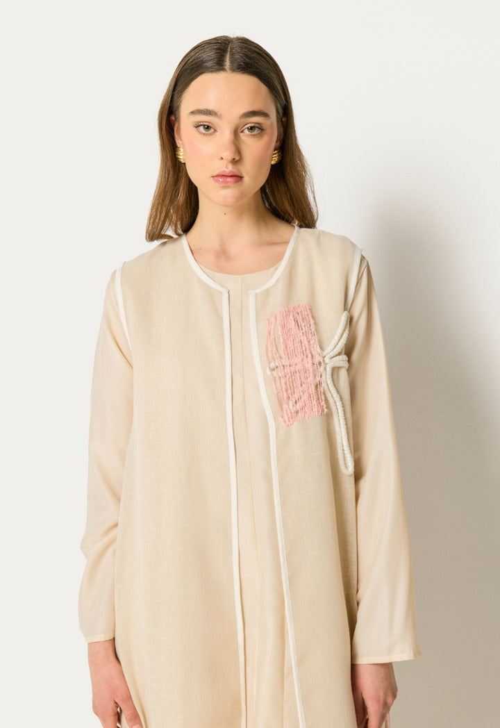 Embroidered Sleeveless Abaya And Dress Set (2Pcs) Light Beige