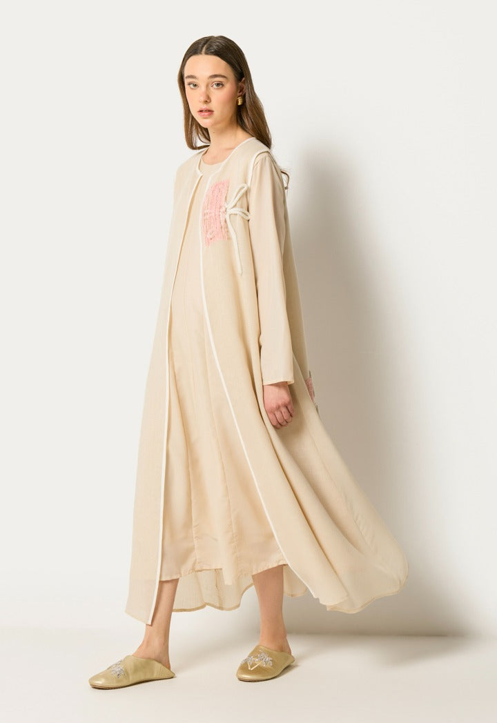 Embroidered Sleeveless Abaya And Dress Set (2Pcs) Light Beige