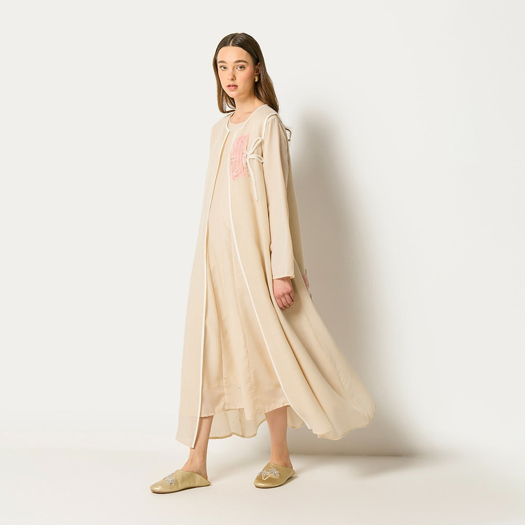 Embroidered Sleeveless Abaya And Dress Set (2Pcs) Light Beige