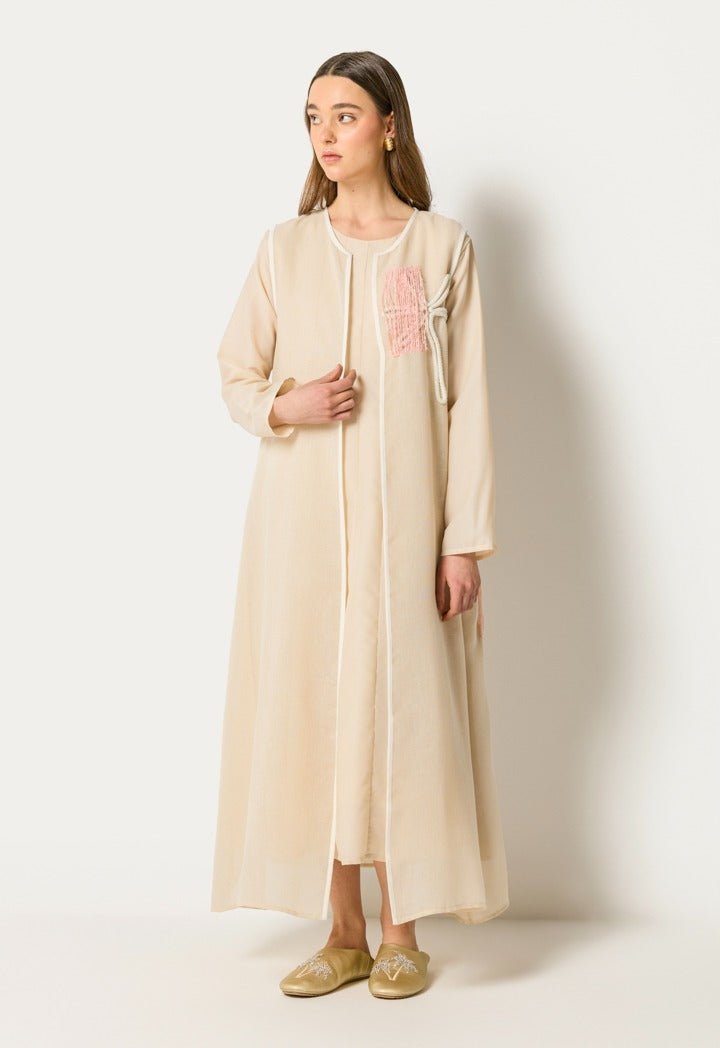 Embroidered Sleeveless Abaya And Dress Set (2Pcs) Light Beige