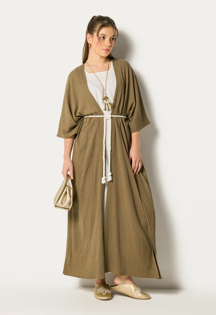 Two Tone Abaya And Sleeveless Dress Set (2Pcs) Olive