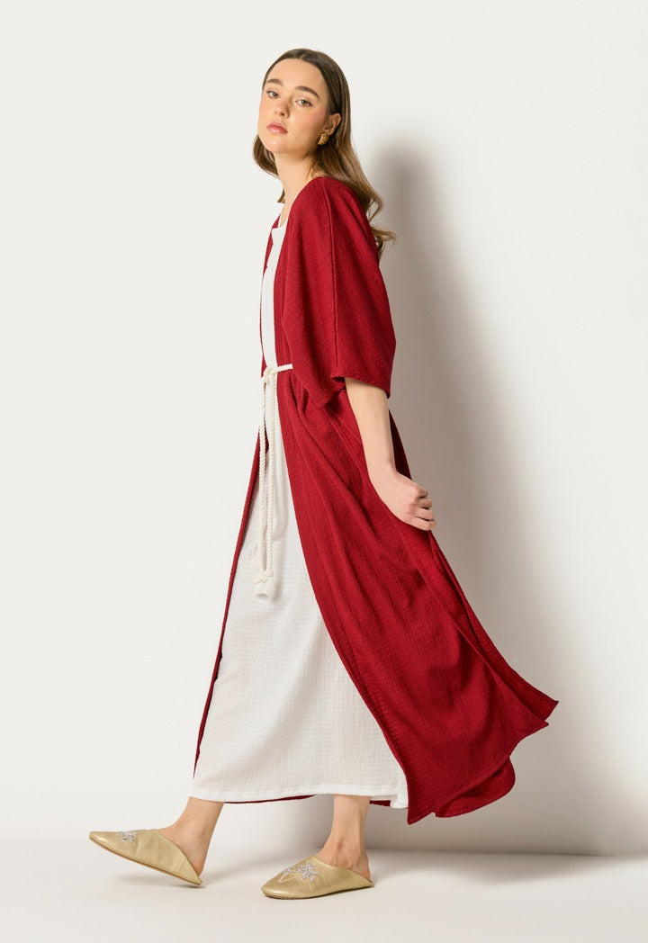 Two Tone Abaya And Sleeveless Dress Set (2Pcs) Burgundy