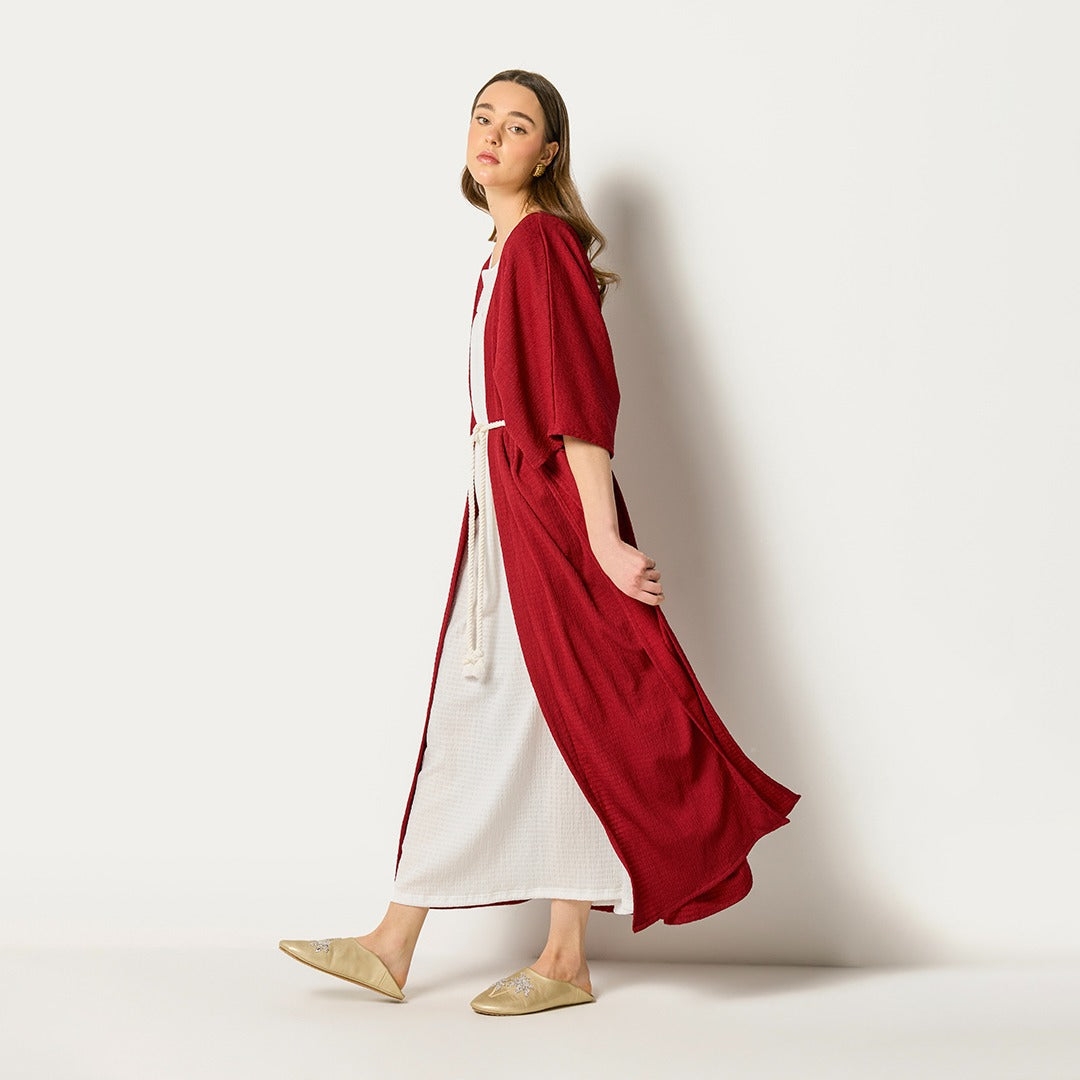 Two Tone Abaya And Sleeveless Dress Set (2Pcs) Burgundy