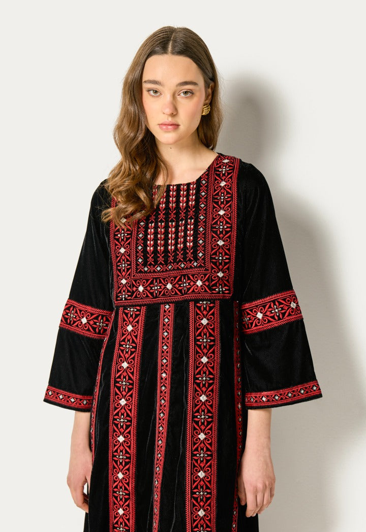 Traditional Embroidered Velvet Dress Black