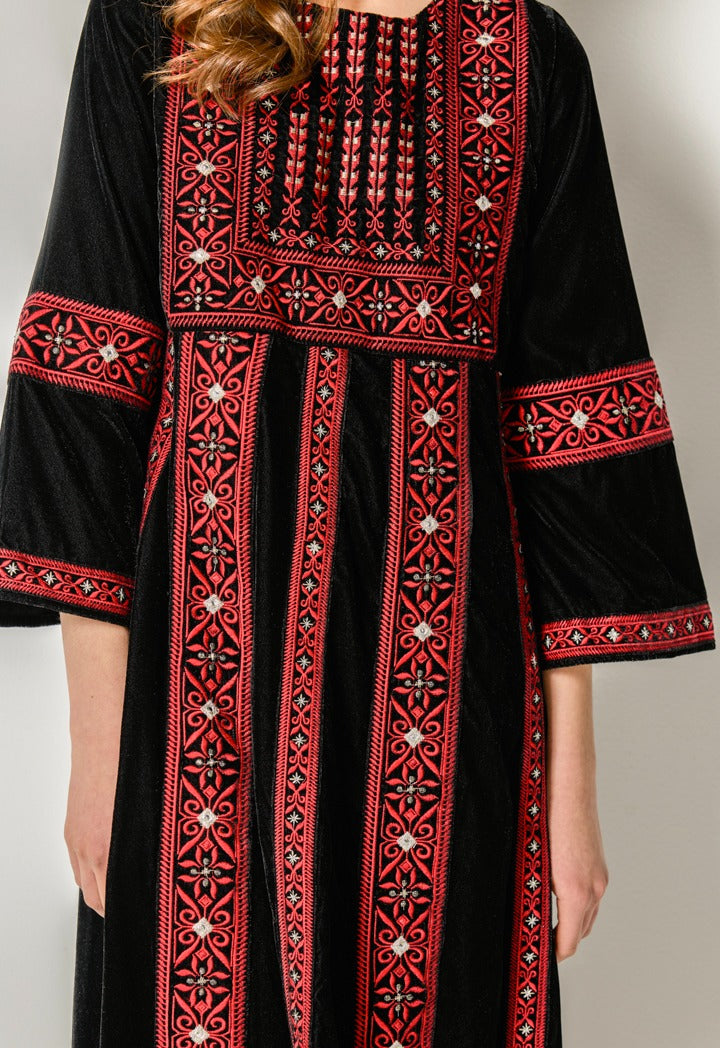 Traditional Embroidered Velvet Dress Black