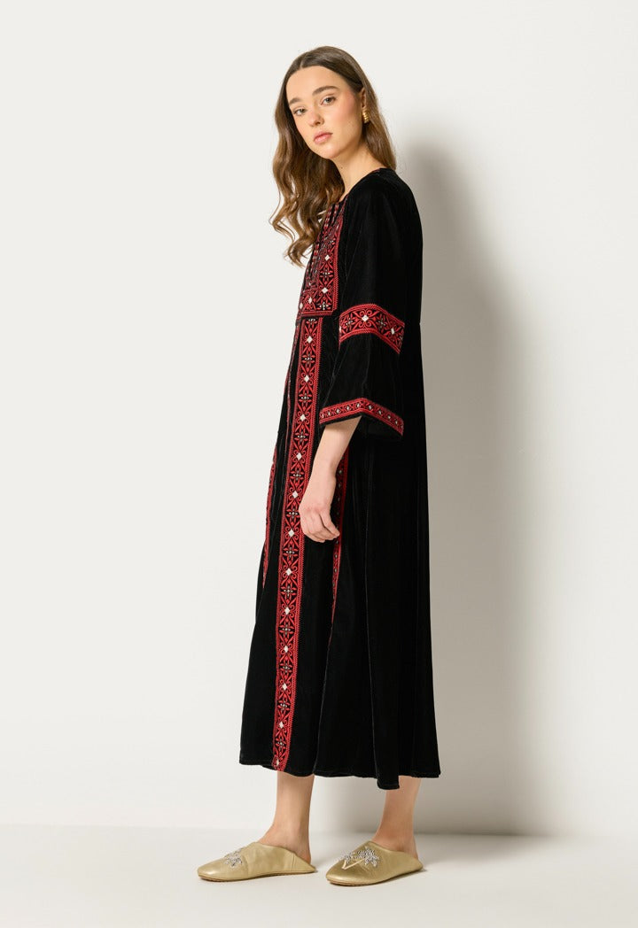 Traditional Embroidered Velvet Dress Black