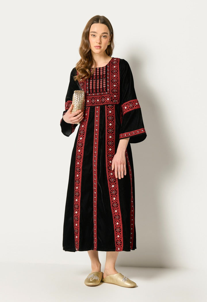 Traditional Embroidered Velvet Dress Black