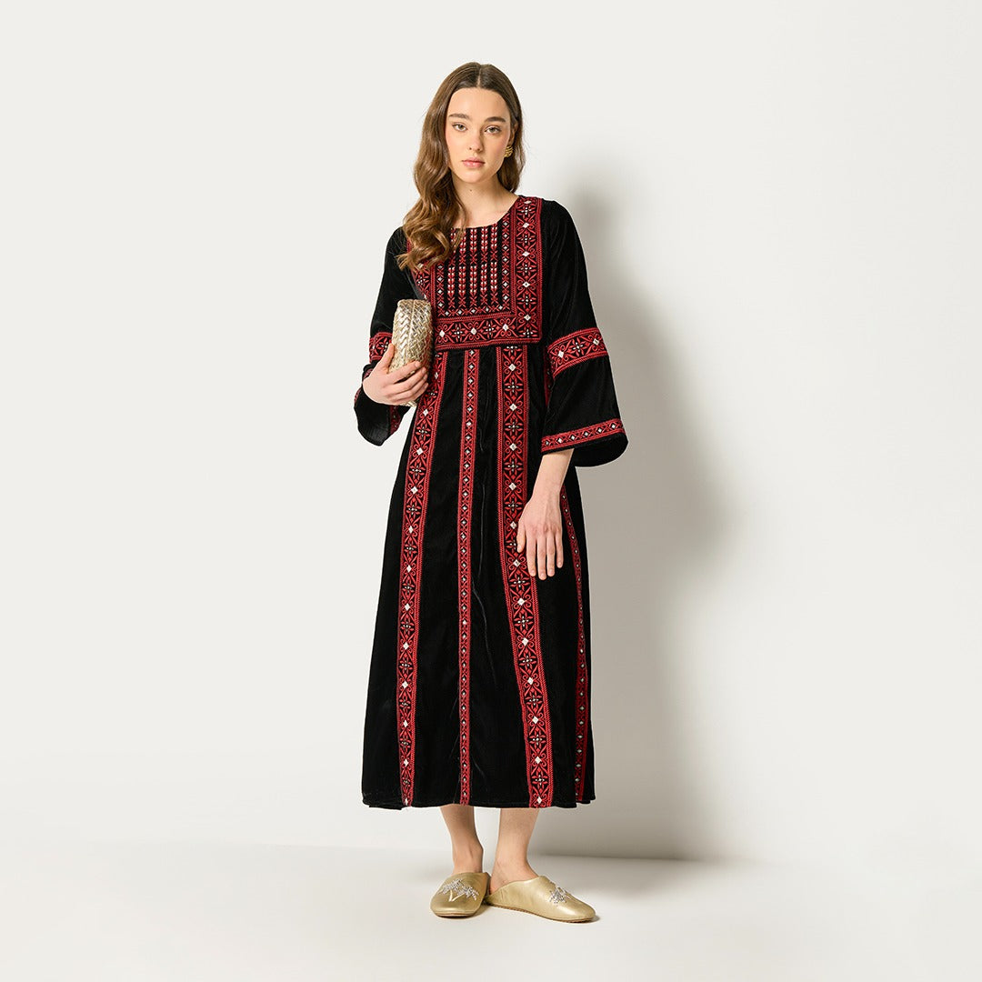 Traditional Embroidered Velvet Dress Black