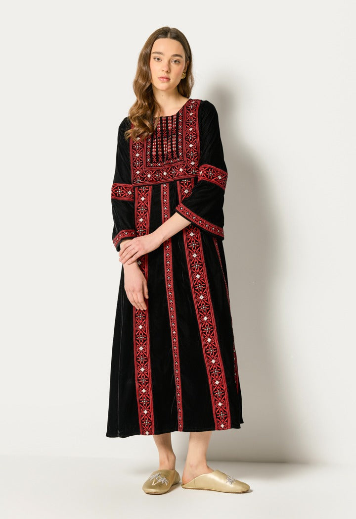 Traditional Embroidered Velvet Dress Black